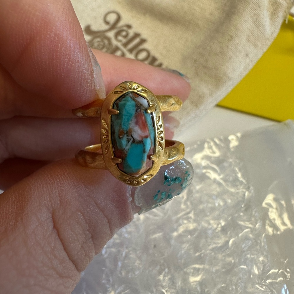 Kendra Scott Gold Ring with Turquoise and Coral Inlay Oval Stone